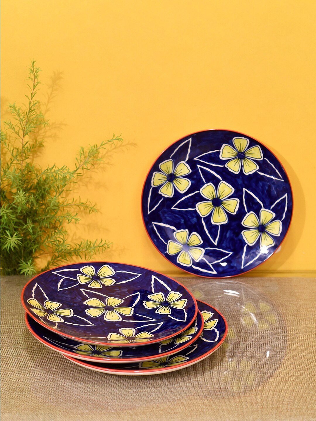 

AAKRITI ART CREATIONS Blue & Yellow 4 Pieces Floral Printed Ceramic Glossy Plates