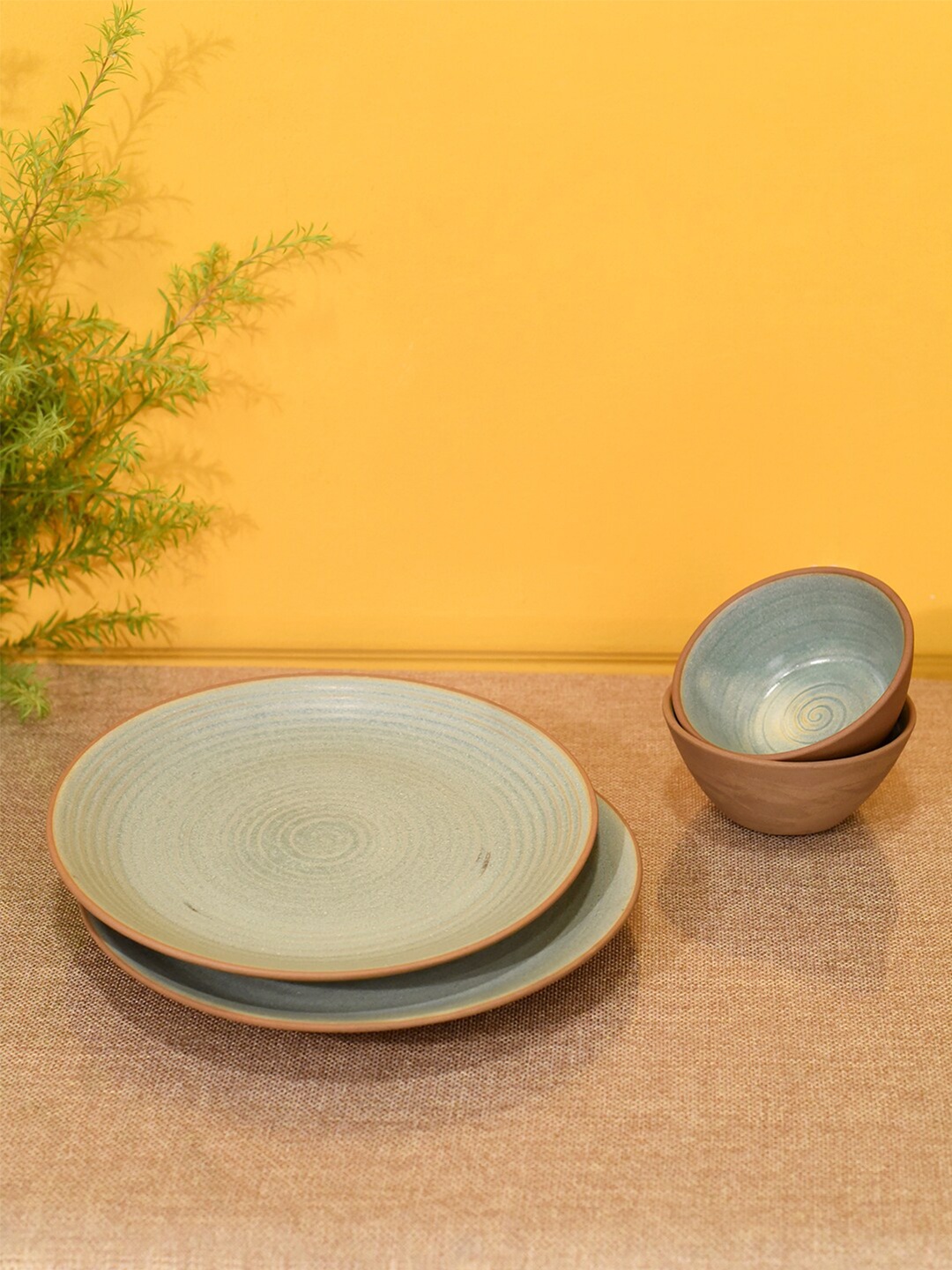 

AAKRITI ART CREATIONS Set Of 4 Brown & Sea Green Desert Sand Ceramic Matte Plates & Bowls