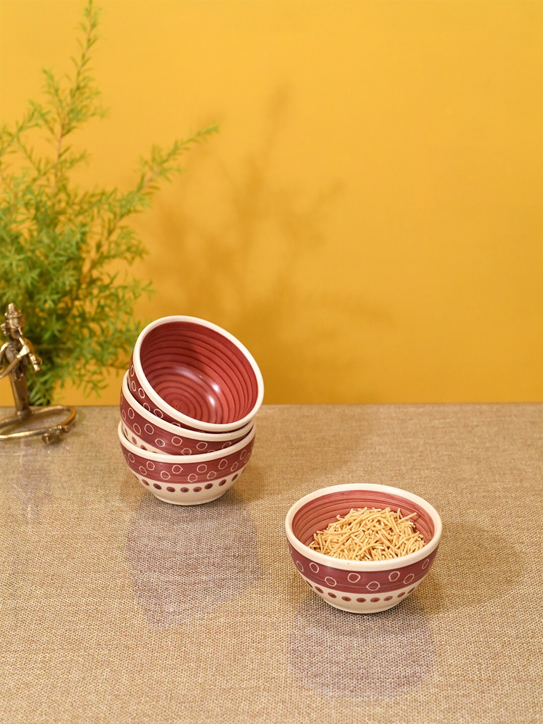 

AAKRITI ART CREATIONS Beige & Pink 4 Pieces Printed Ceramic Matte Veg Bowls