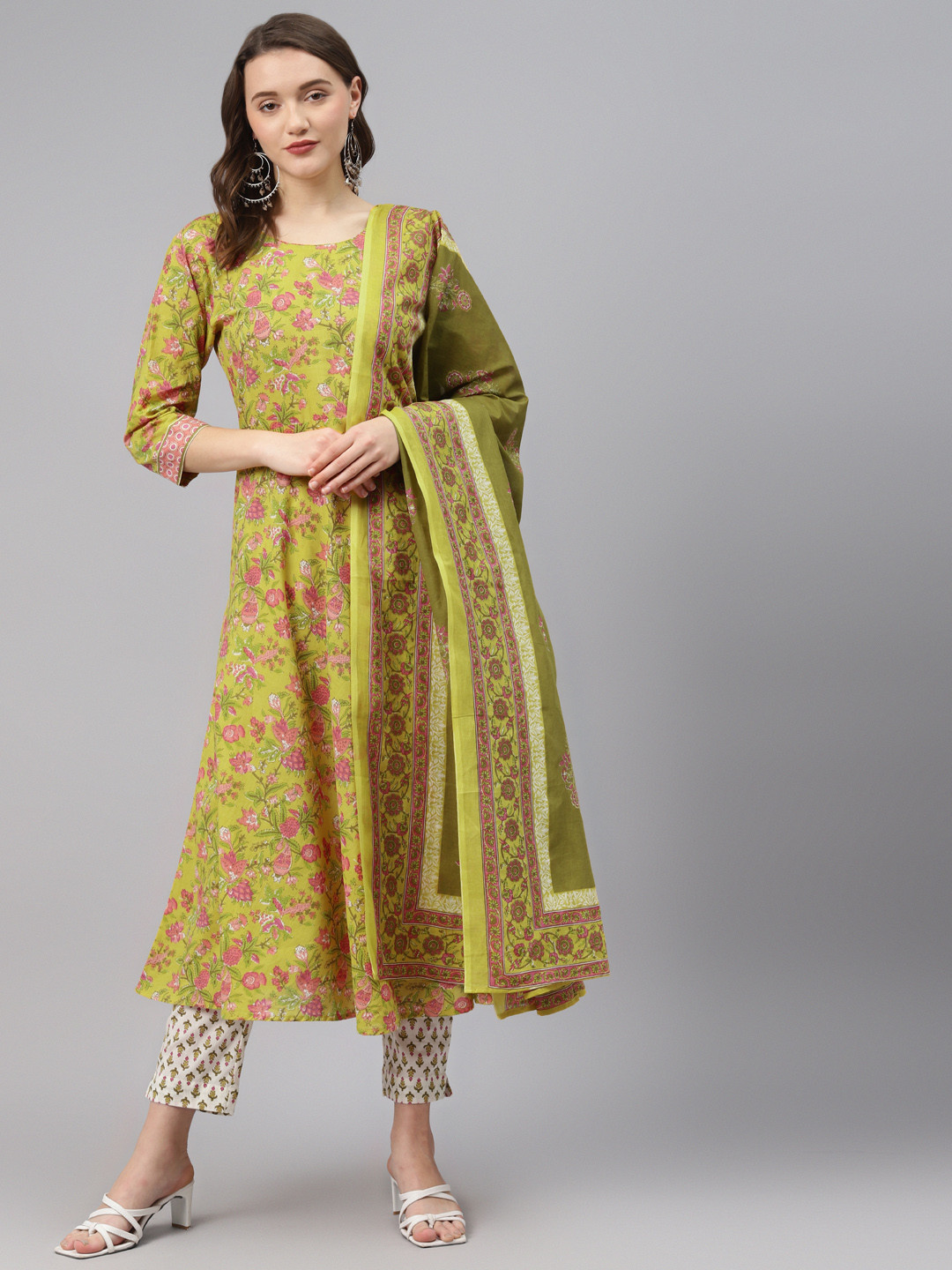 

ESME Women Mustard Yellow & White Floral Print Pure Cotton Kurta with Trousers & Dupatta