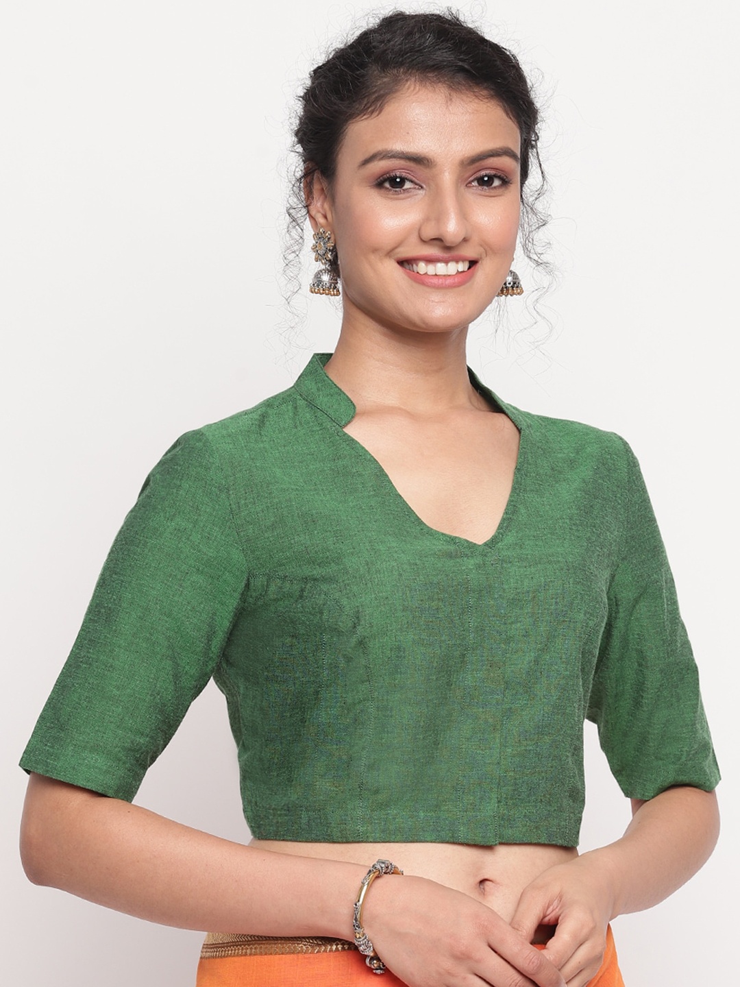 

Fabindia Women Green Solid Cotton Woven Saree Blouse