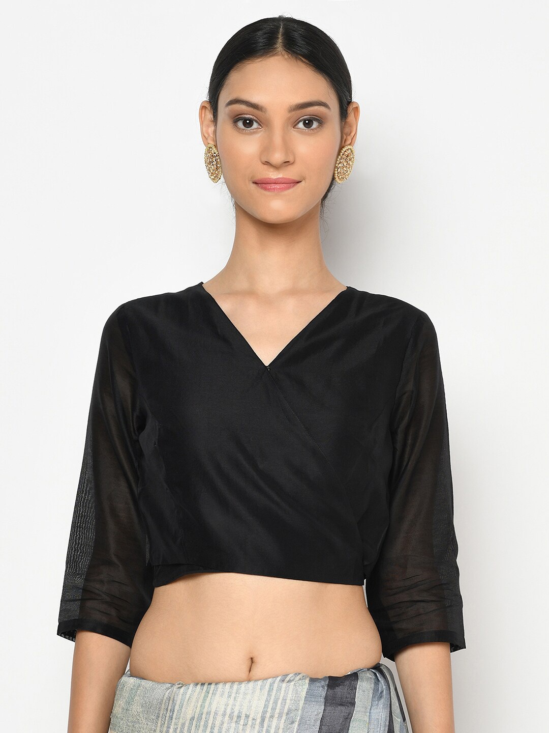 

Fabindia Women Black Solid Overlap Saree Blouse