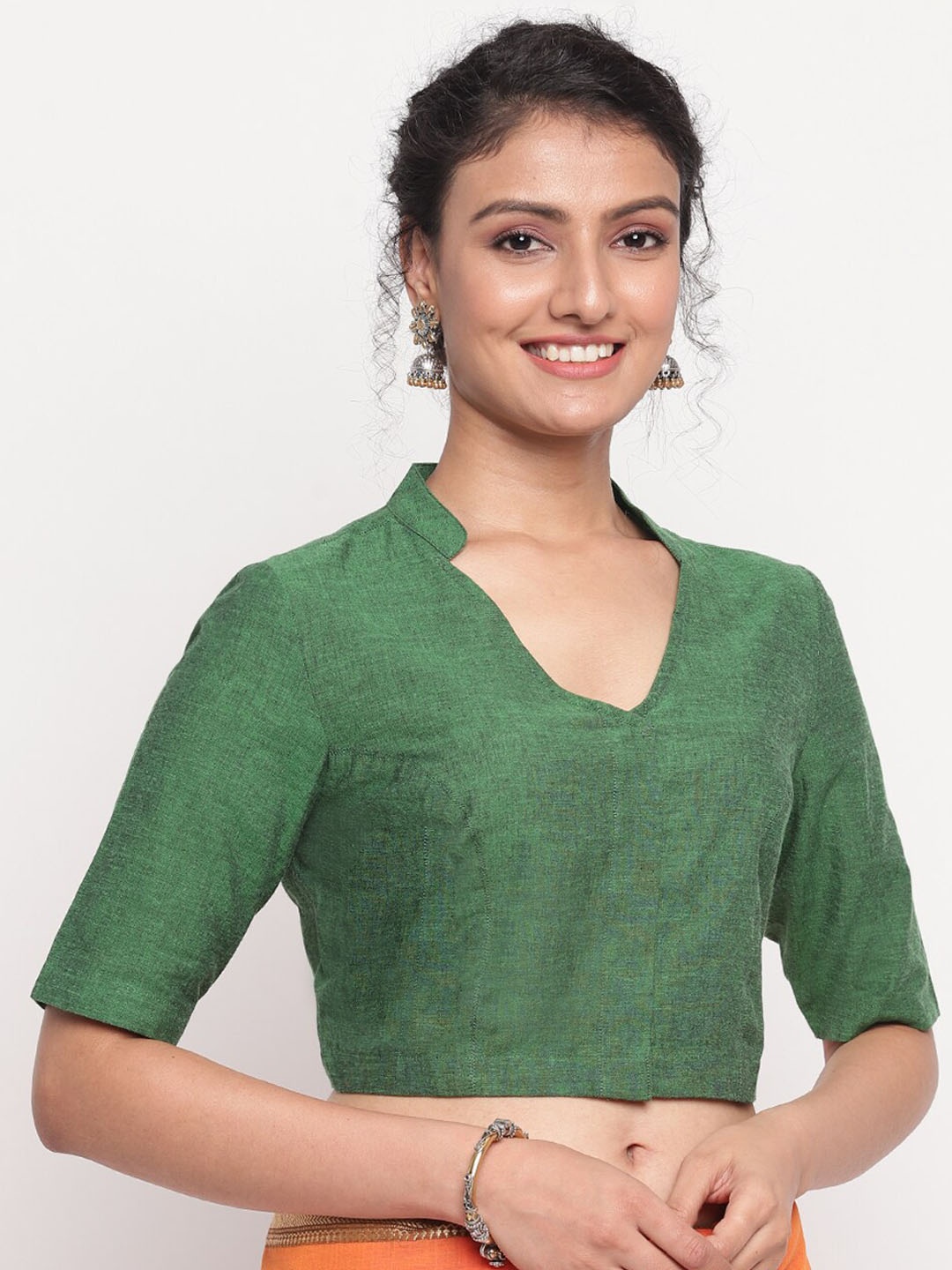 

Fabindia Women Green Solid Woven Cotton Saree Blouse