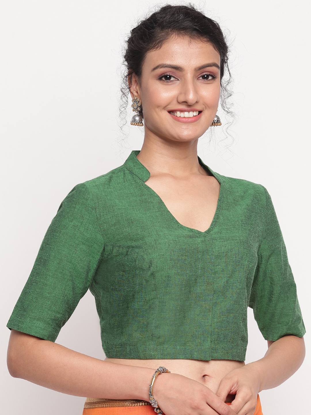 

Fabindia Women Green Solid Woven Cotton Saree Blouse