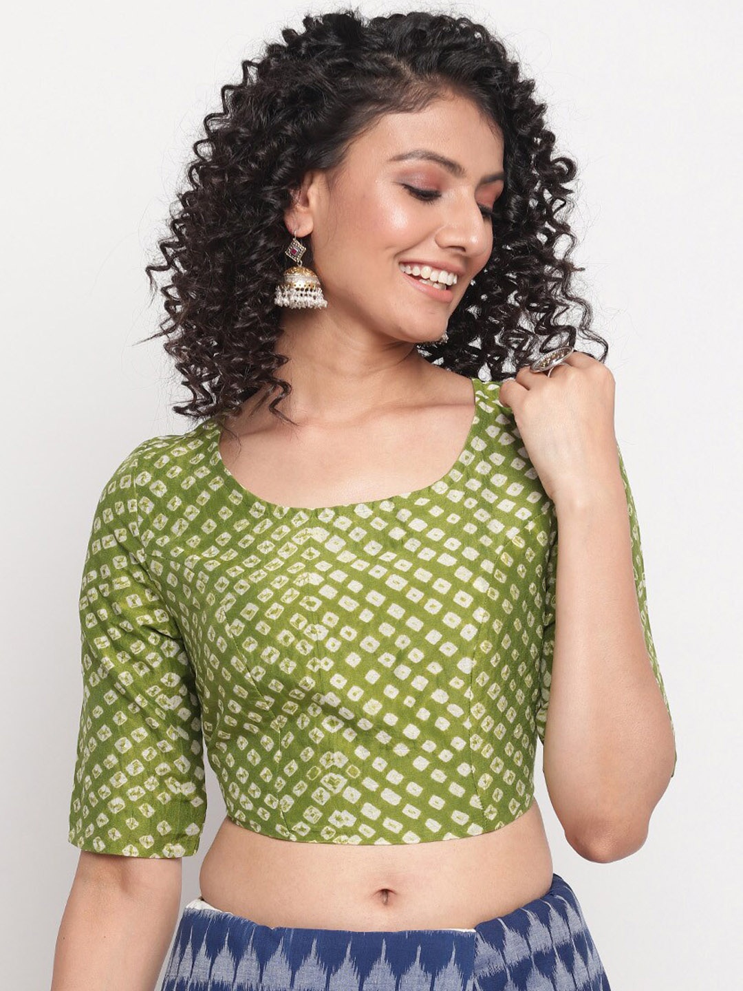 

Fabindia Lime Green & White Tie & Dye Bandhani Cotton Saree Blouse