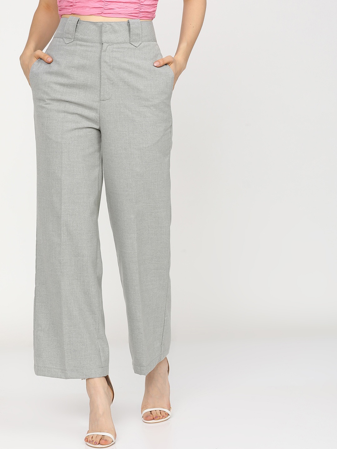 

CHIC BY TOKYO TALKIES Women Grey High-Rise Easy Wash Trousers