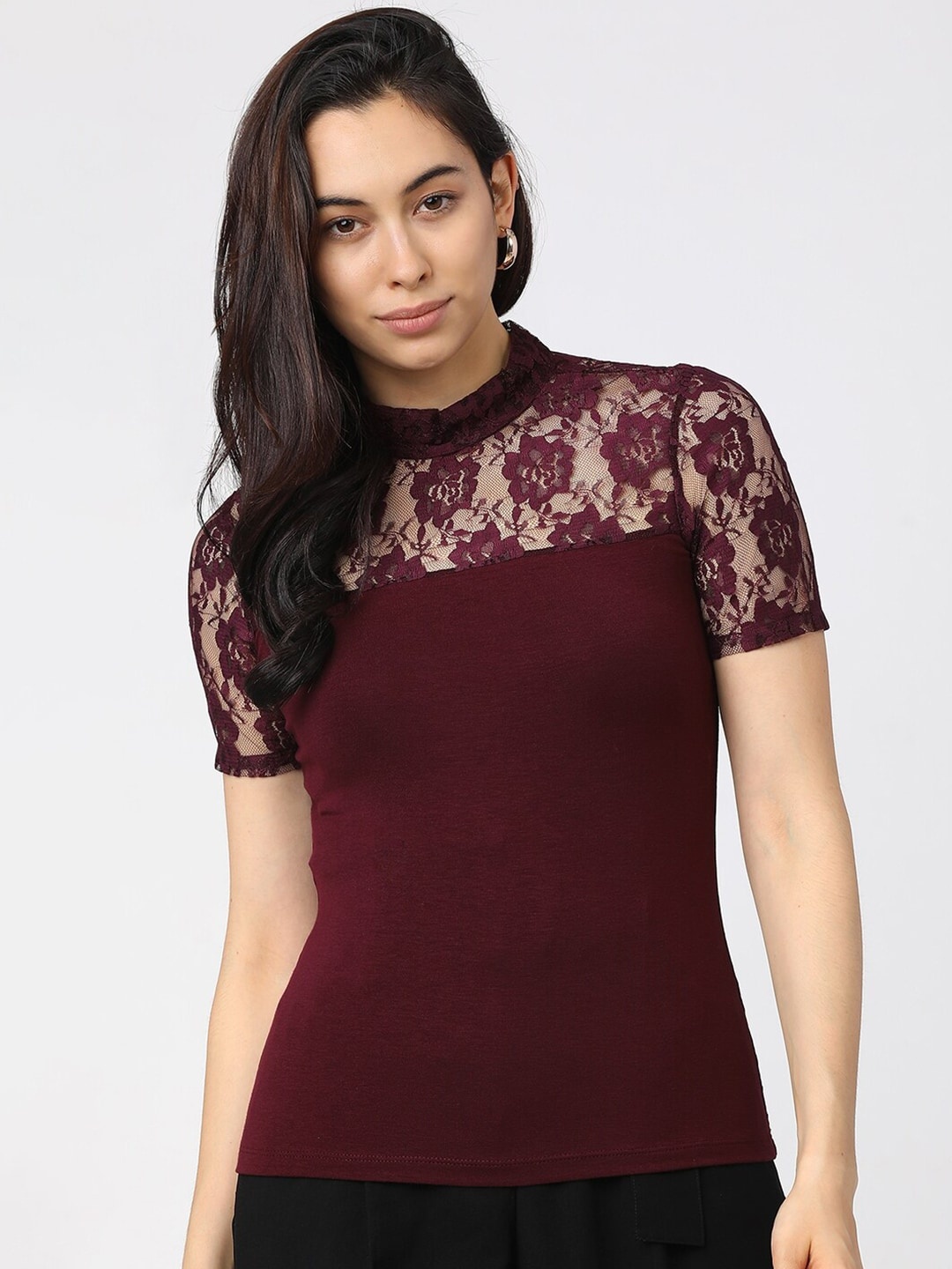 

Tokyo Talkies Maroon Lace Regular Top