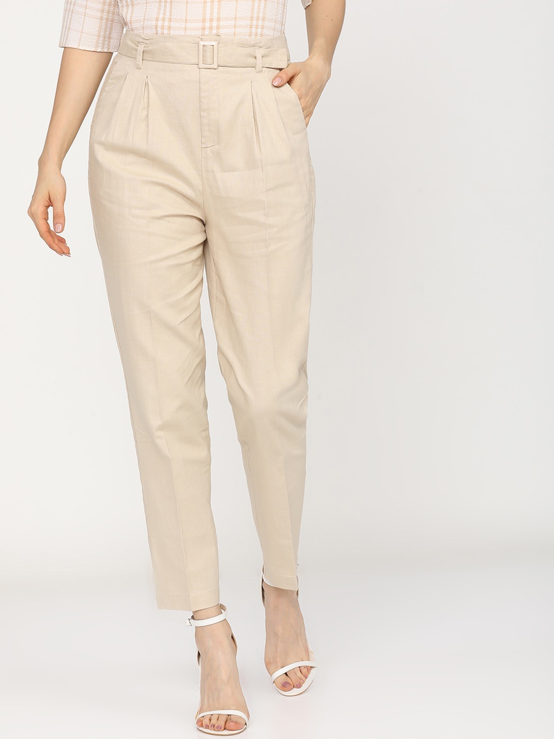 

CHIC BY TOKYO TALKIES Women Beige Tapered Fit Pleated Trousers