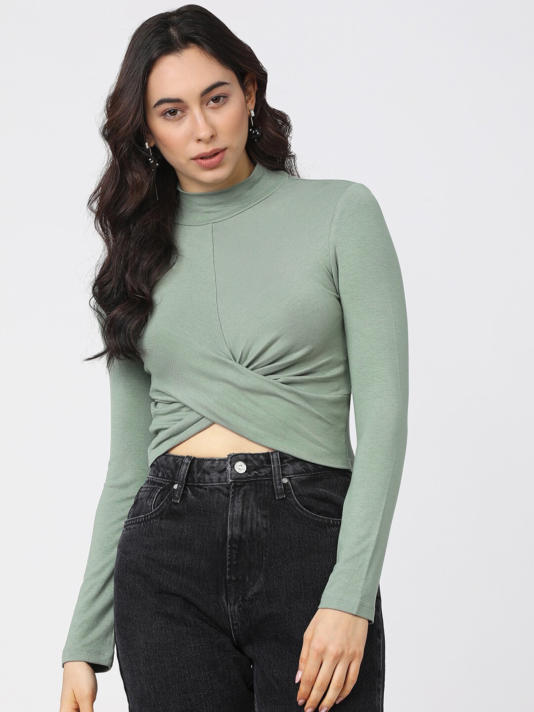 

Tokyo Talkies Women Green Solid High Neck Wrap Crop Top