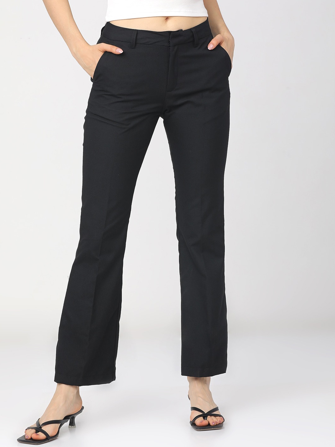 

CHIC BY TOKYO TALKIES Women Black Straight Fit Easy Wash Bootcut Trousers