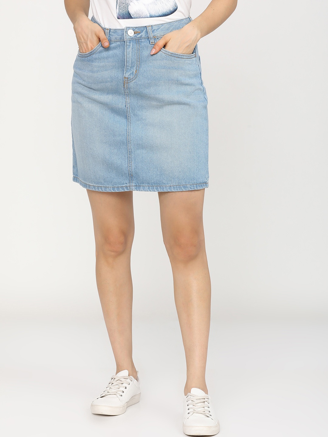 

Tokyo Talkies Women Blue Solid Denim Pure Cotton Straight Midi Skirt