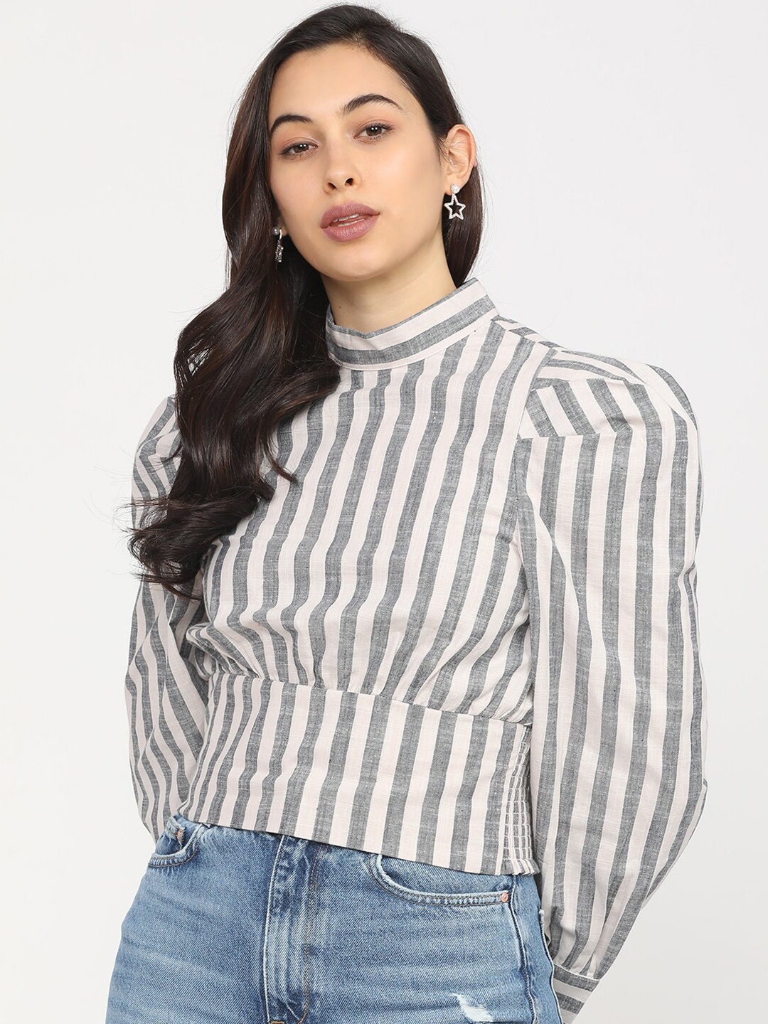 

Tokyo Talkies Off White Striped Cotton Regular Top