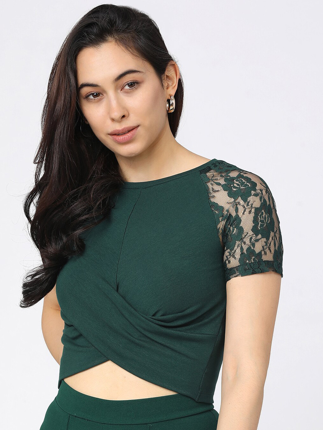 

Tokyo Talkies Women Green Lace Round Neck Wrap Crop Top