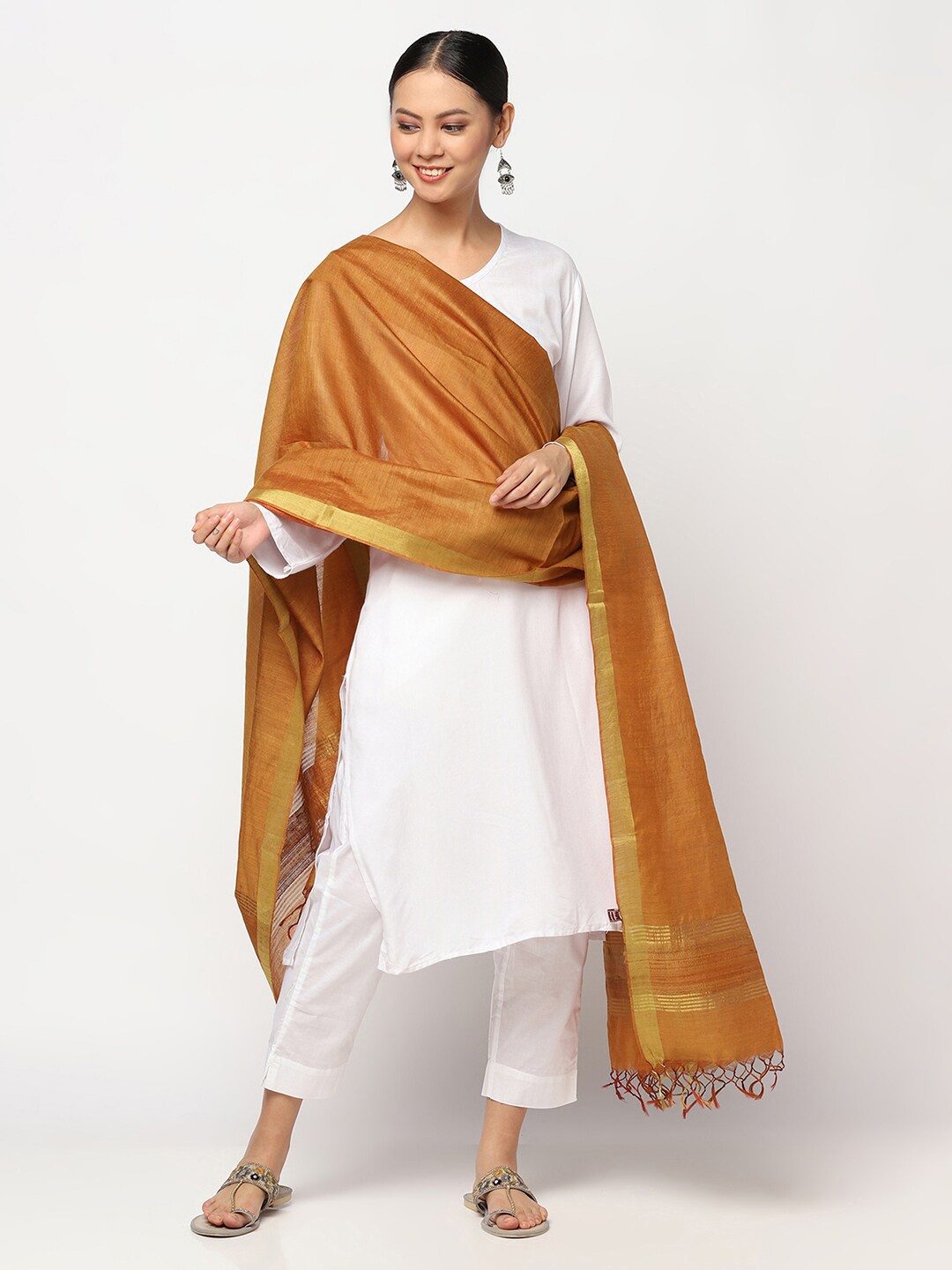 

Fabindia Mustard Yellow & Gold-Cooured Pure Tussar Silk Dupatta with Zari