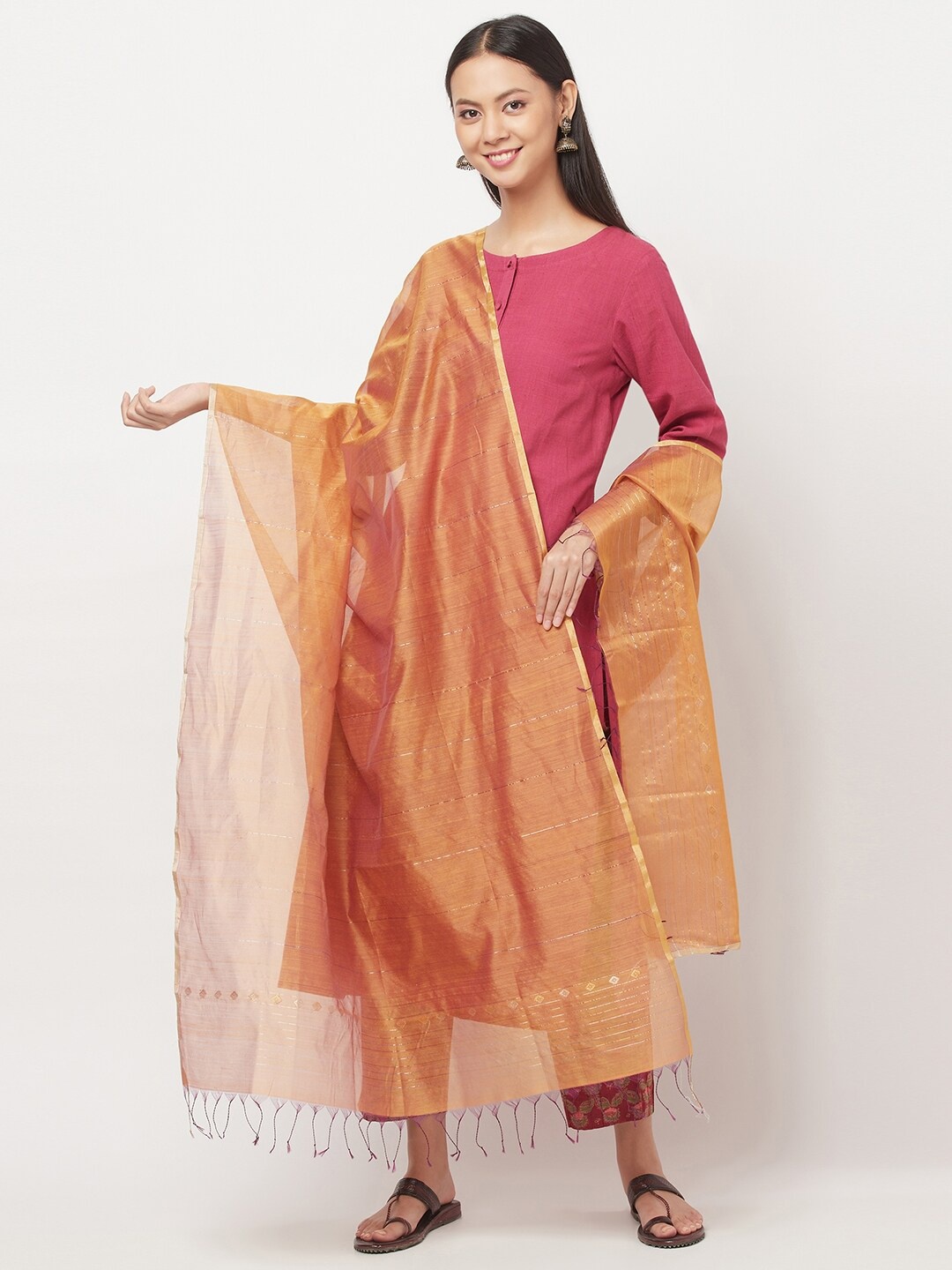 

Fabindia Mustard & Gold-Toned Striped Cotton Silk Dupatta