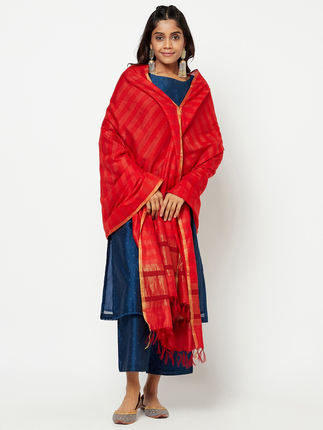 

Fabindia Red & Gold-Toned Ethnic Motifs Woven Design Pure Silk Dupatta