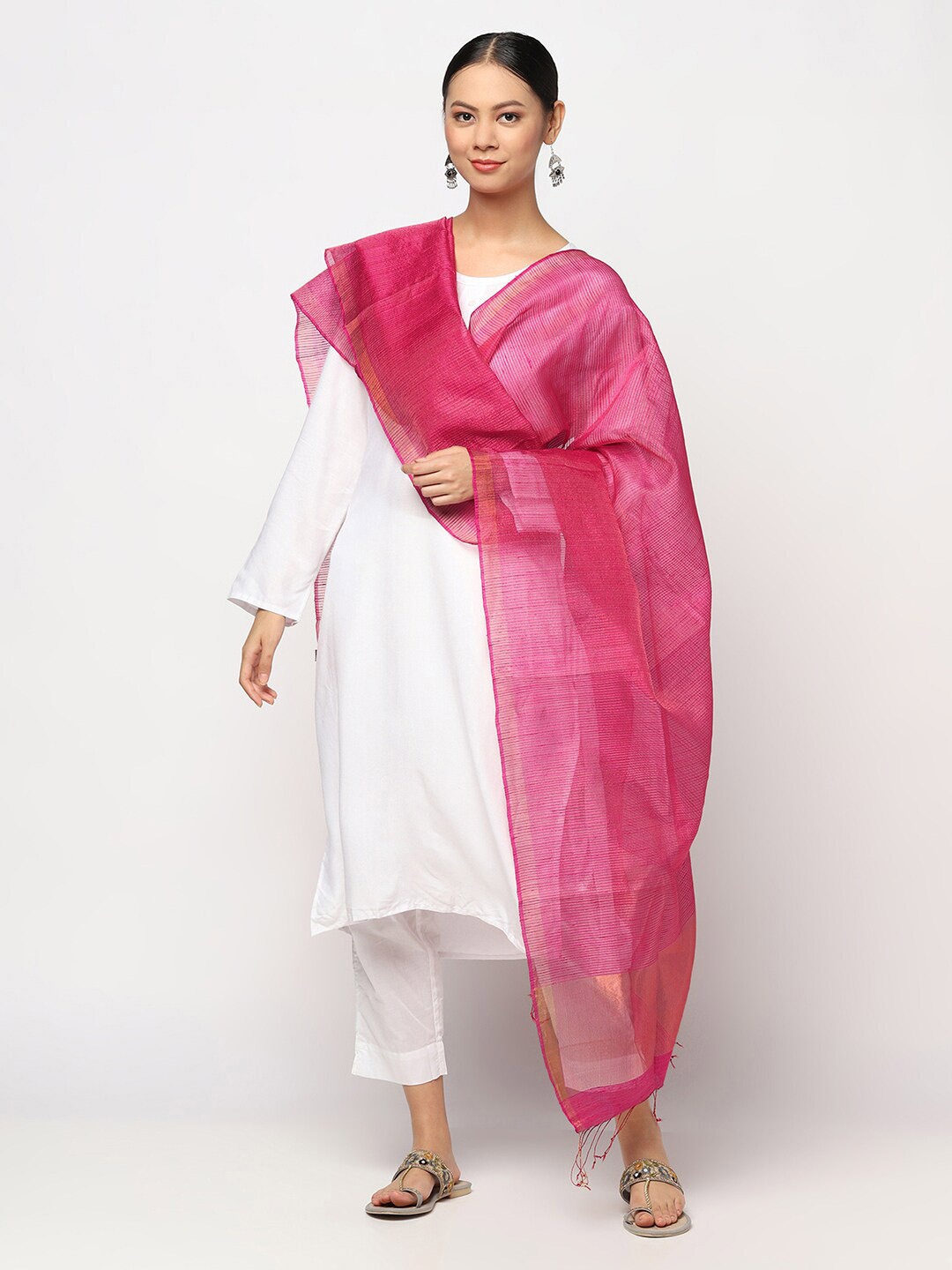 

Fabindia Magenta & Gold-Coloured Pure Matka Silk Dupatta with Zari