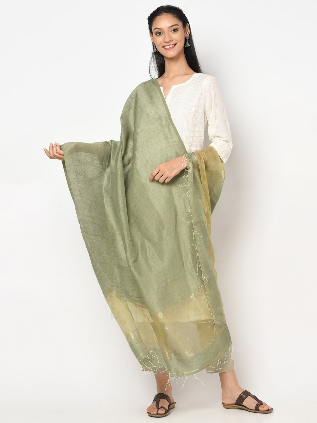 

Fabindia Green & Gold-Toned Linen Dupatta