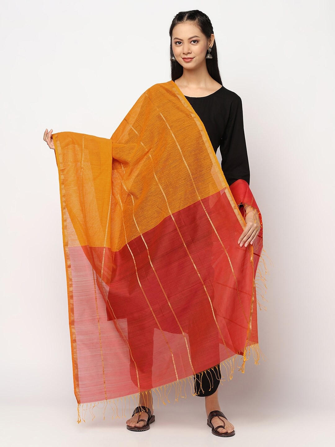 

Fabindia Yellow & Red Striped Cotton Silk Dupatta with Zari