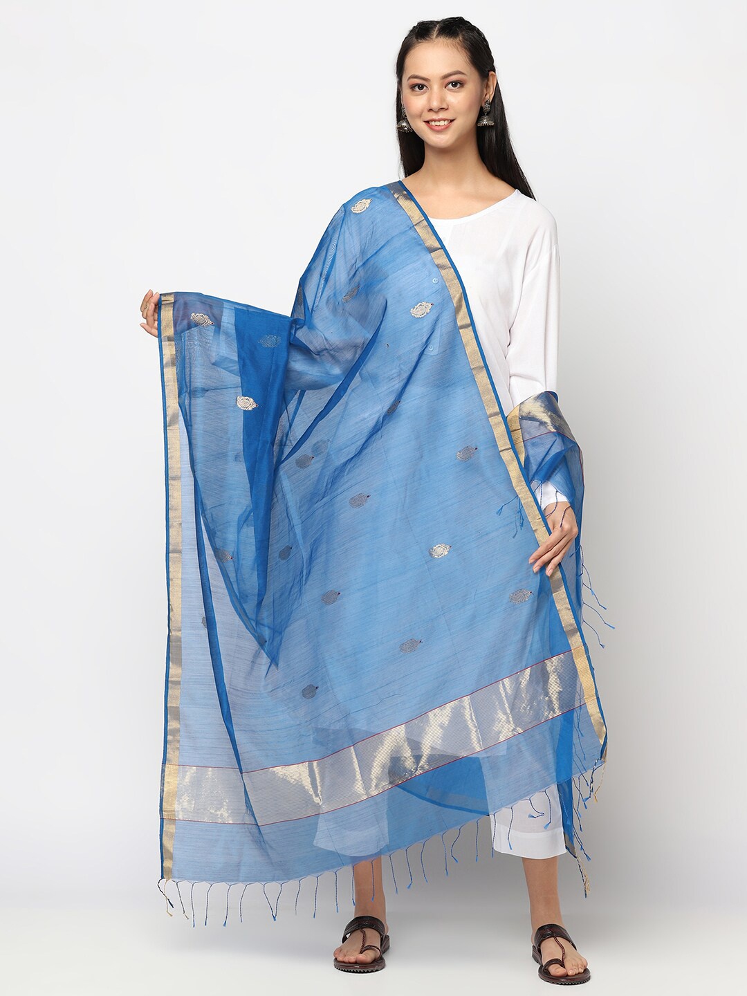 

Fabindia Blue & Gold-Toned Woven Design Cotton Silk Dupatta