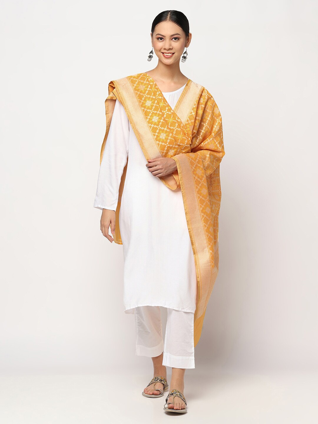 

Fabindia Mustard Yellow & Gold-Coloured Woven Design Cotton Silk Dupatta with Zari