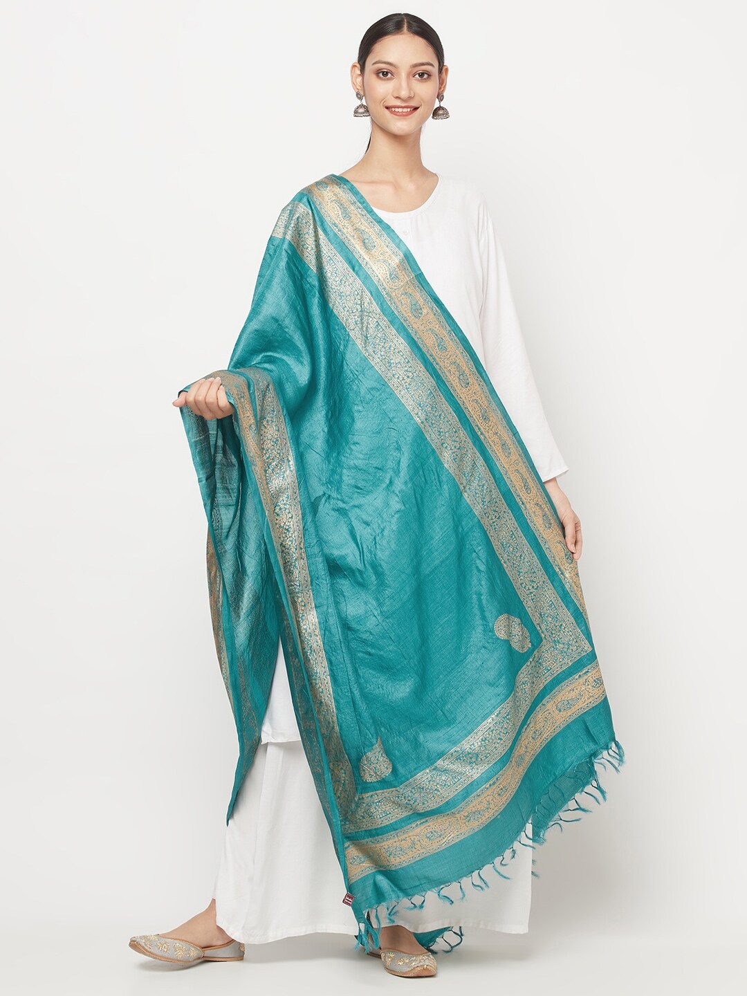 

Fabindia Teal & Gold-Toned Ethnic Motifs Printed Pure Silk Foil Print Dupatta