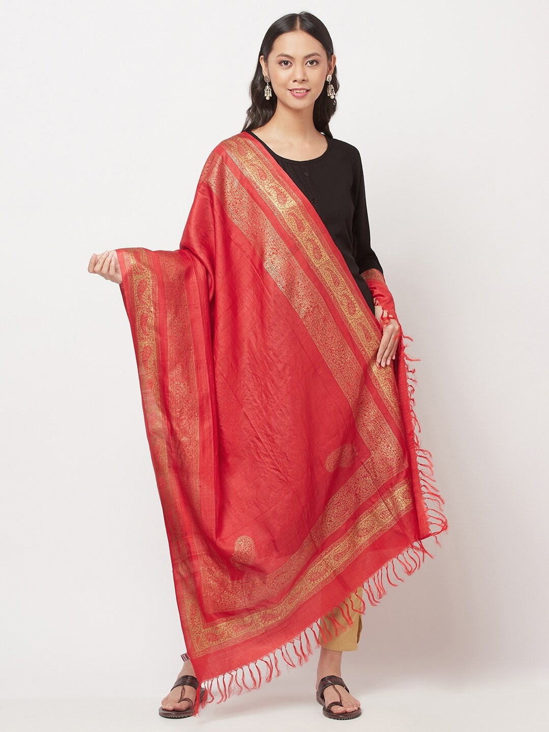 

Fabindia Women Red & Gold-Toned Ethnic Motifs Printed Pure Silk Dupatta