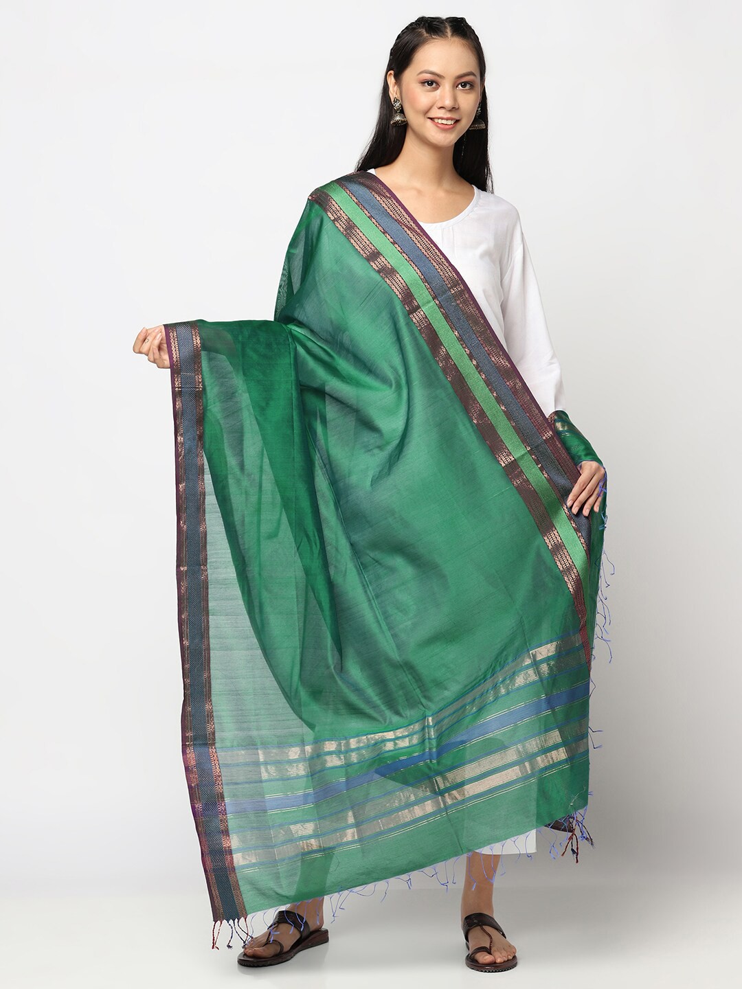 

Fabindia Green & Blue Cotton Silk Dupatta with Zari