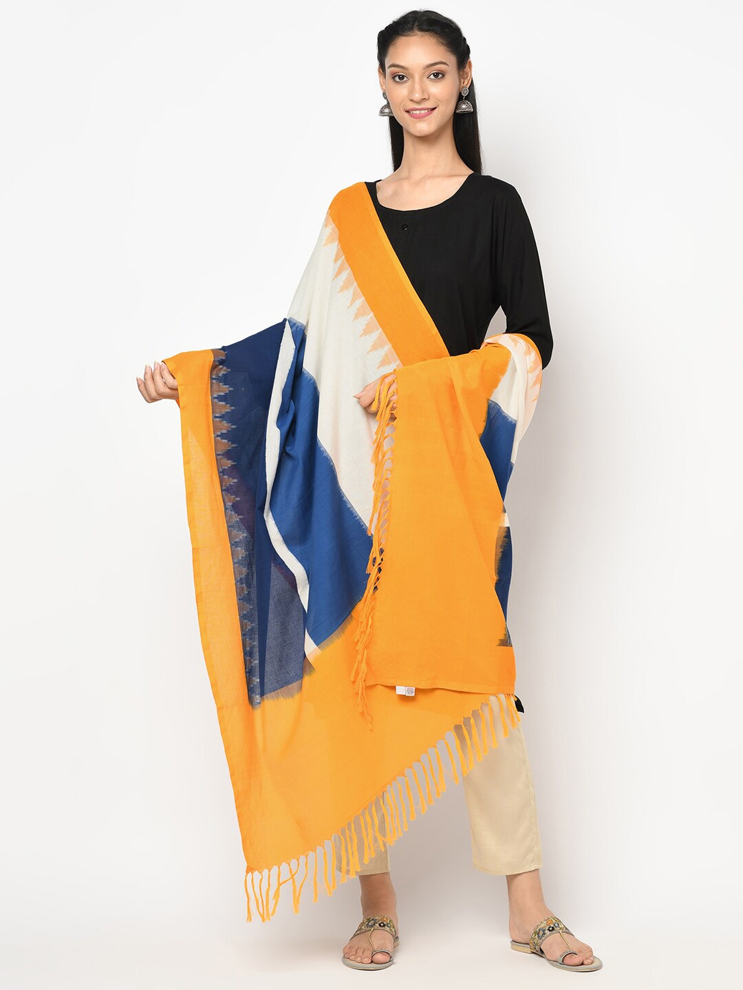 

Fabindia Yellow & Blue Printed Pure Cotton Ikat Dupatta