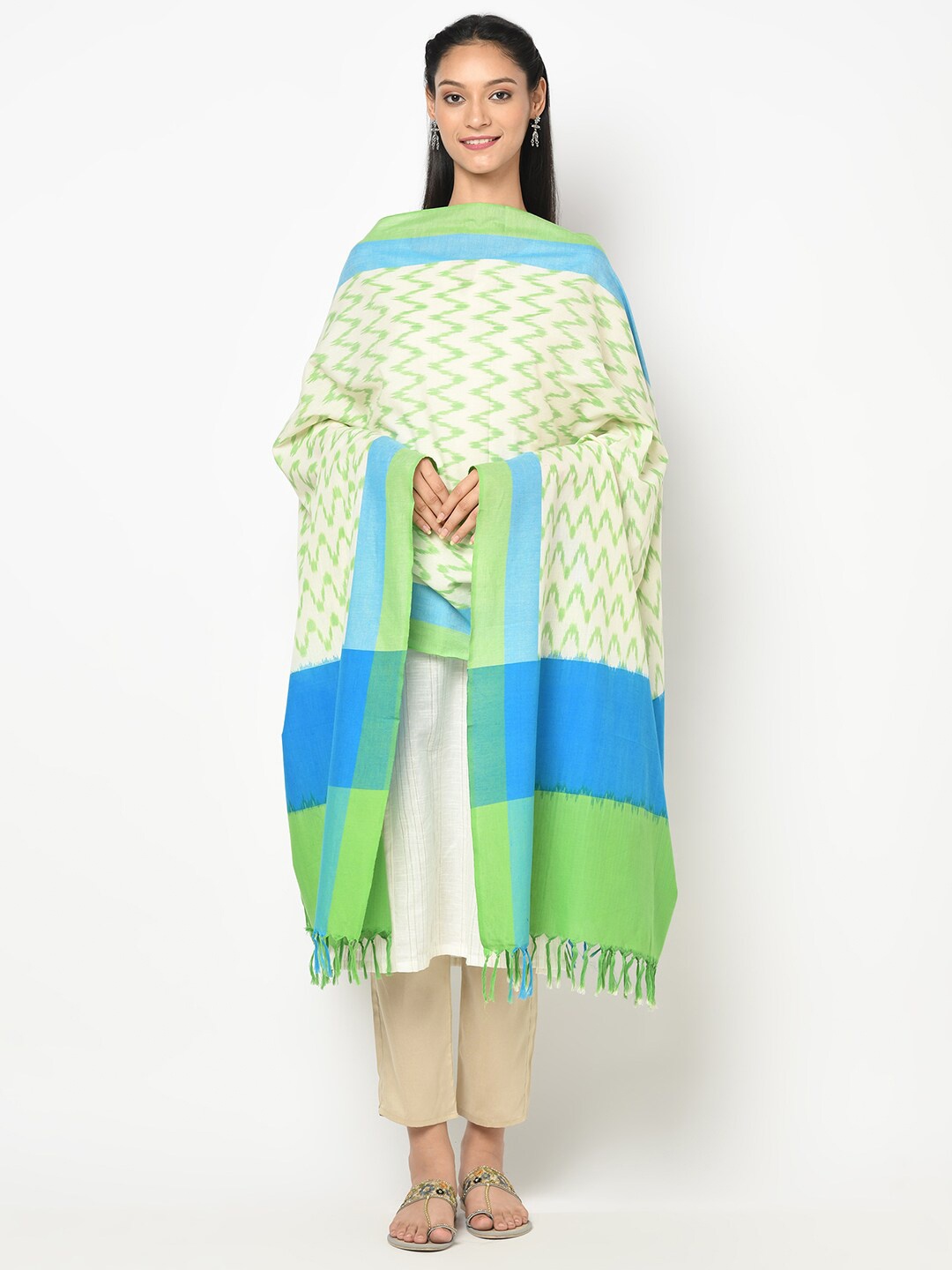 

Fabindia Women Turquoise Blue & Green Ikat Woven Designed Pure Cotton Dupatta