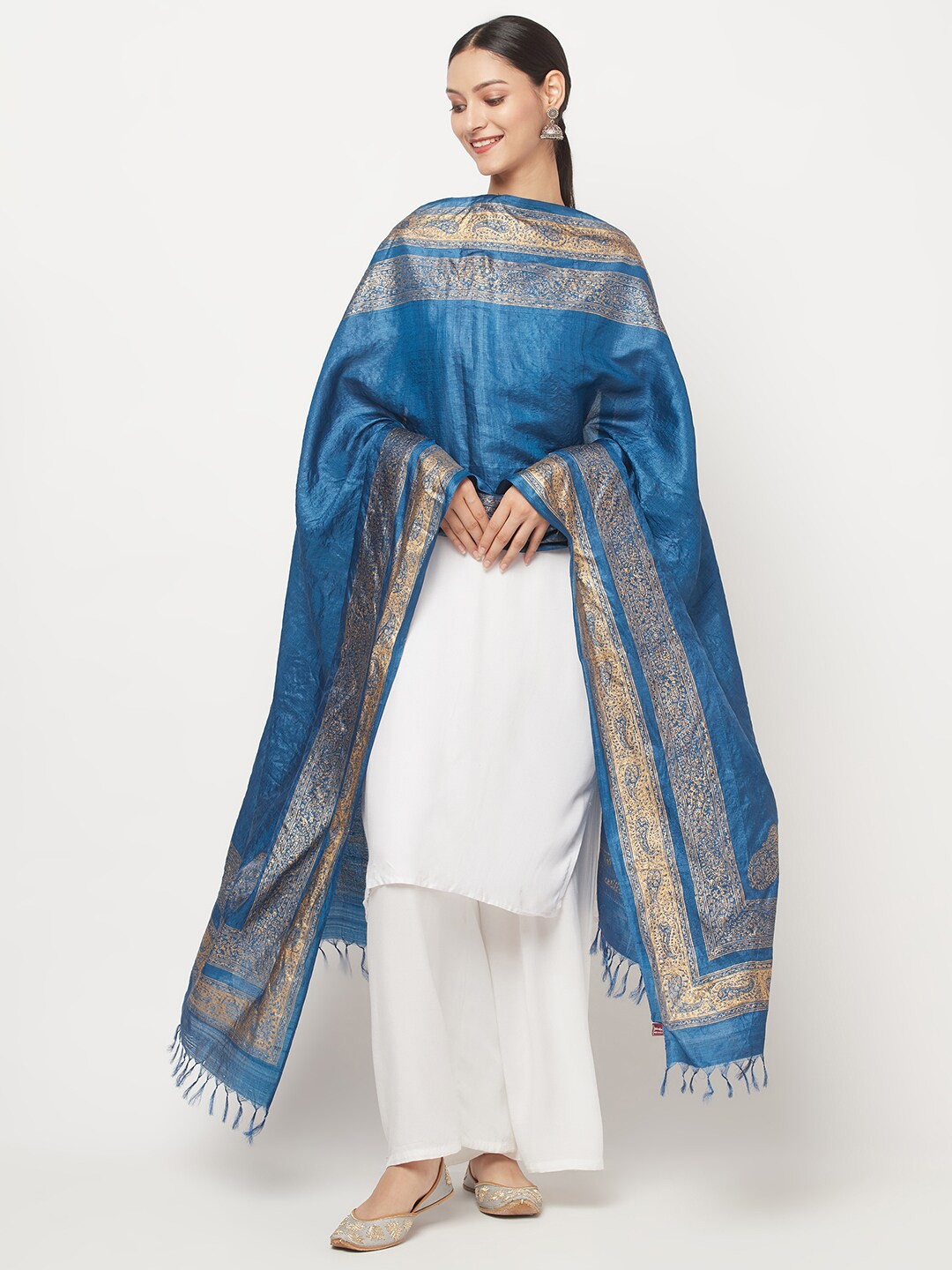 

Fabindia Navy Blue & Gold-Toned Ethnic Motifs Woven Design Pure Silk Dupatta