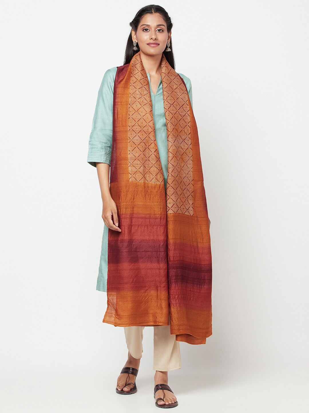 

Fabindia Rust & Maroon Printed Pure Silk Dupatta
