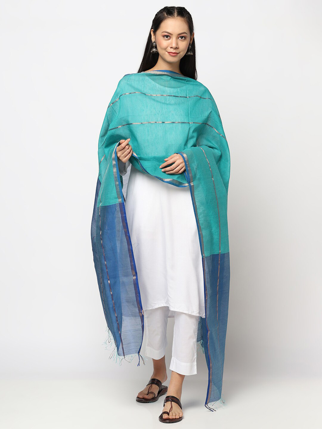 

Fabindia Teal & Gold-Toned Striped Cotton Silk Dupatta with Zari