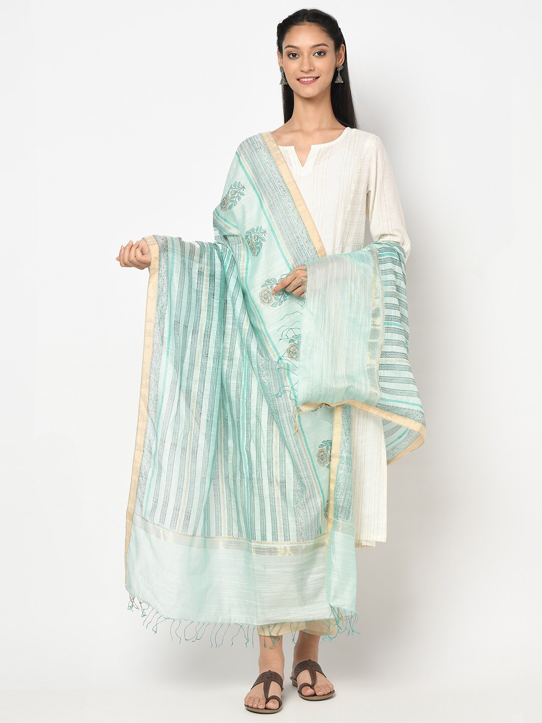 

Fabindia Women Turquoise Blue & Gold-Toned Printed Cotton Silk Dupatta