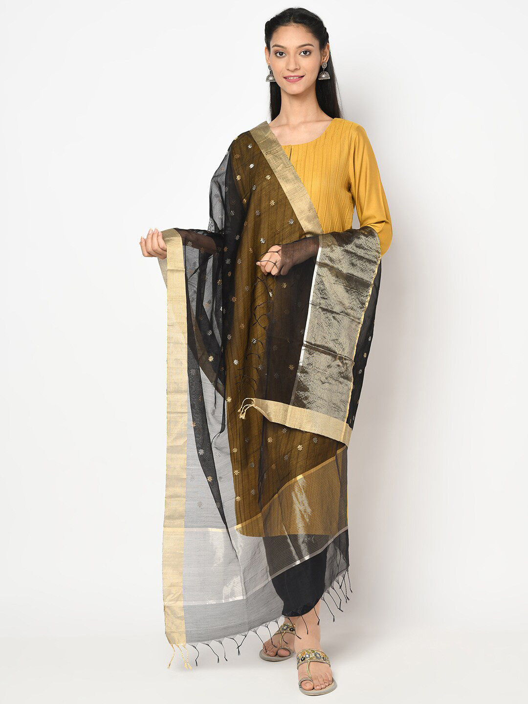 

Fabindia Black & Gold-Toned Woven Design Cotton Silk Dupatta