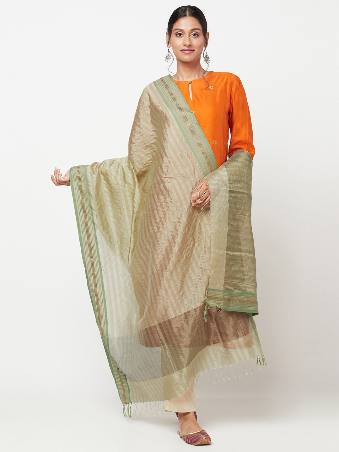 

Fabindia Beige & Green Striped Cotton Silk Dupatta with Zari