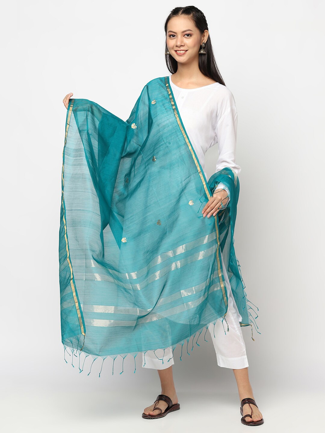 

Fabindia Teal & Silver-Toned Woven Design Cotton Silk Dupatta