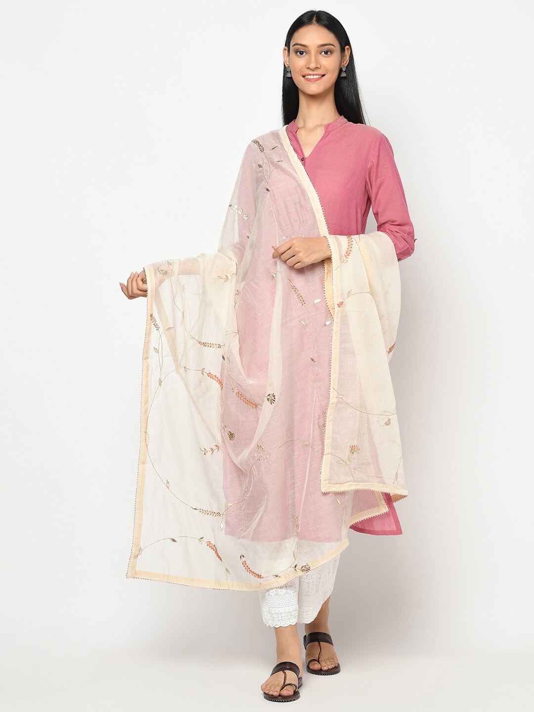 

Fabindia Beige & Gold-Toned Floral Embroidered Dupatta