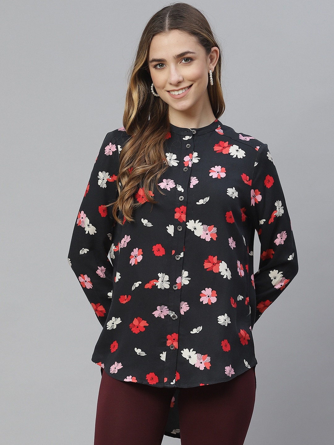 

Marks & Spencer Black & Multicoloured Floral Mandarin Collar Shirt Style Top