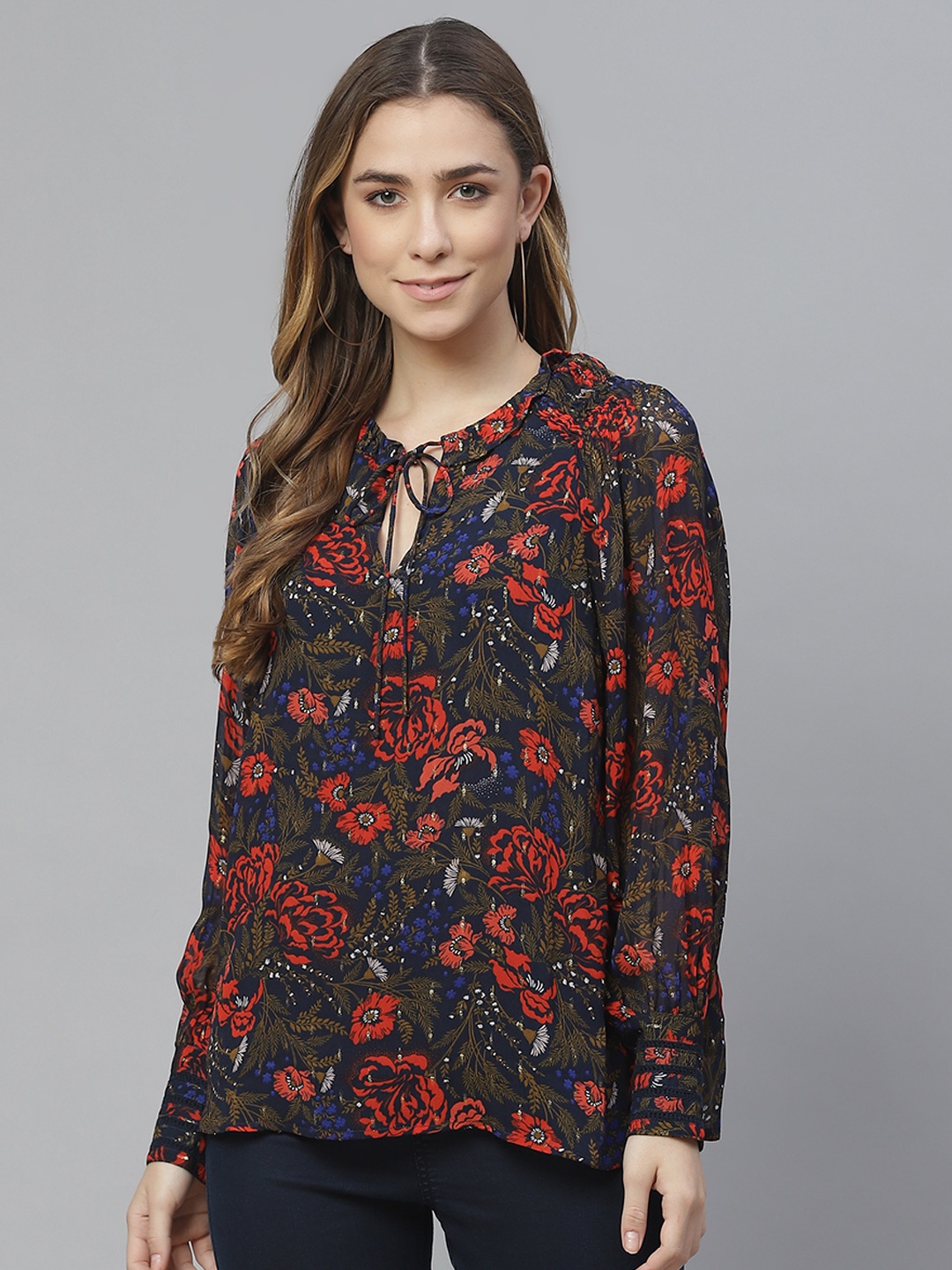 

Marks & Spencer Navy Blue & Red Floral Tie-Up Neck Shirt Style Top