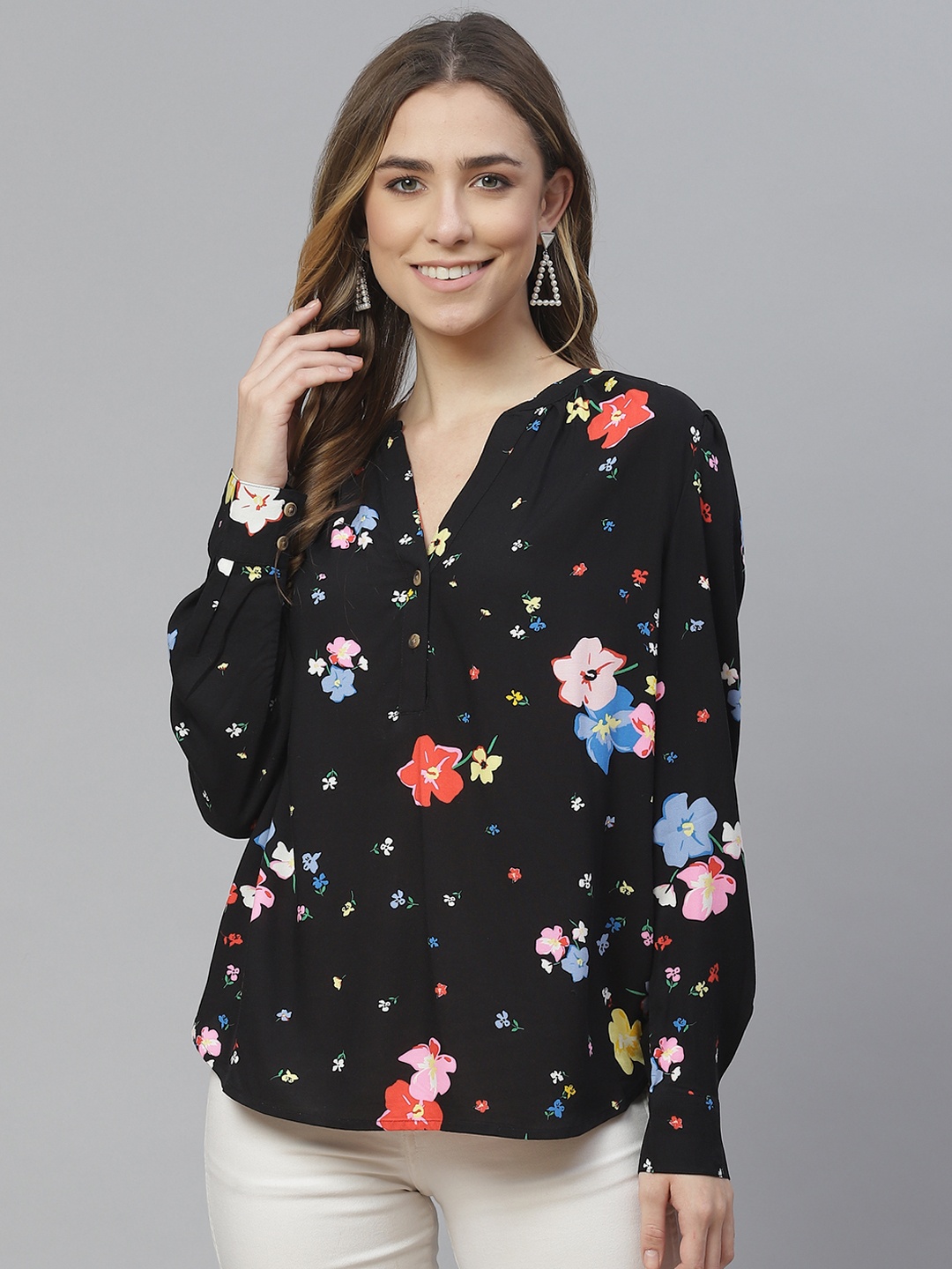 Marks & Spencer Black Floral Mandarin Collar Regular Top