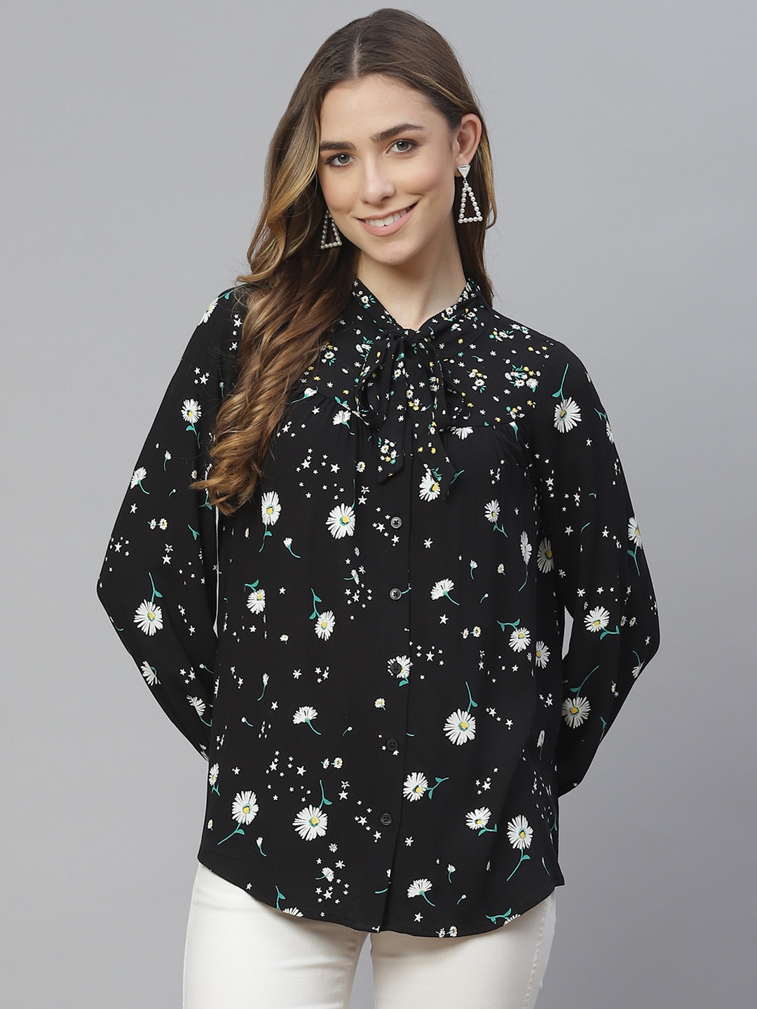 Marks & Spencer Black & White Floral Tie-Up Neck Shirt Style Top
