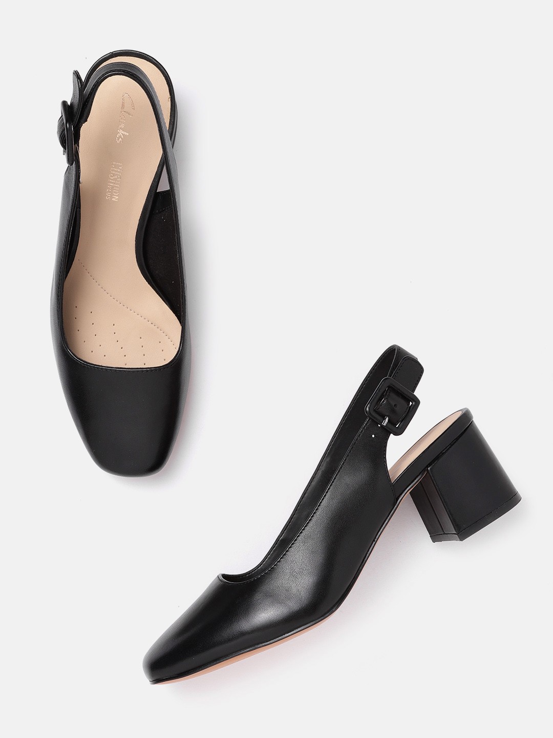 

Clarks Women Black Solid Leather Block Pumps