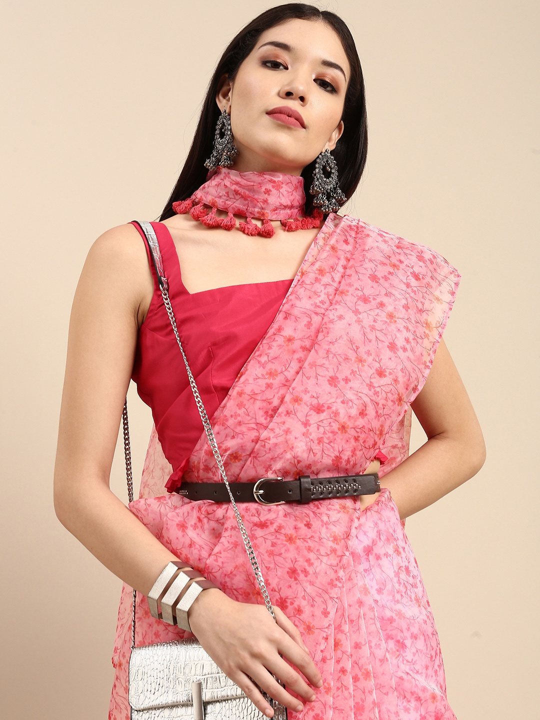 

Sangria Pink Floral Organza Saree