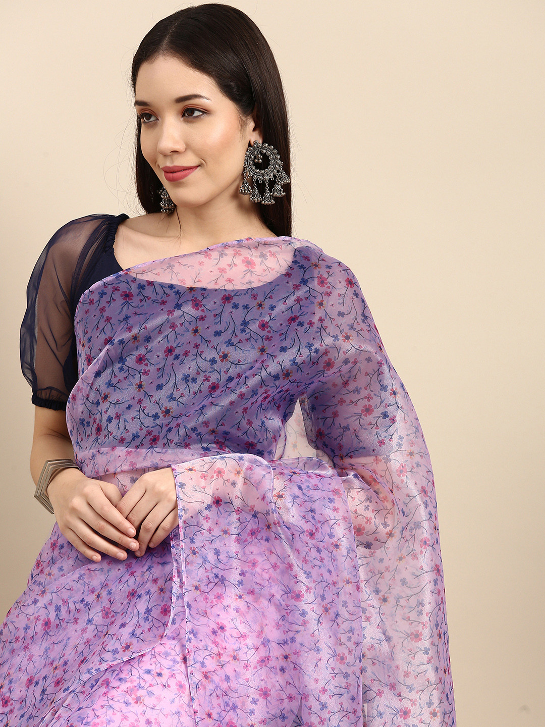 

Sangria Pink Floral Organza Saree