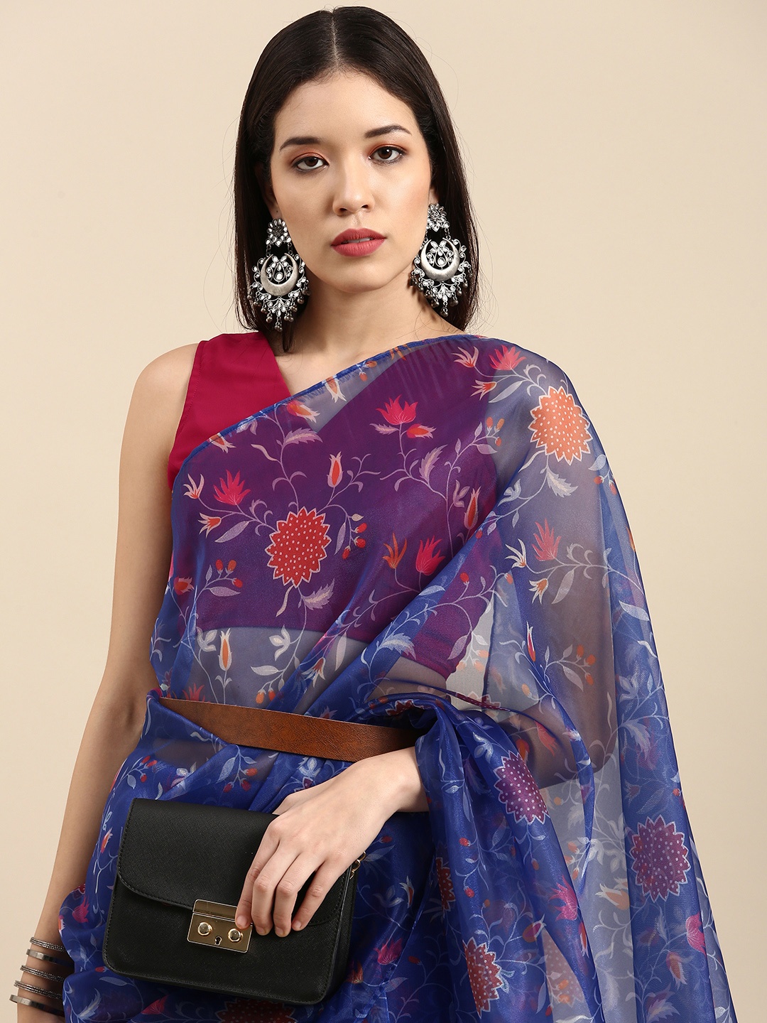 

Sangria Women Floral Printed Saree with Blouse Piece, Blue