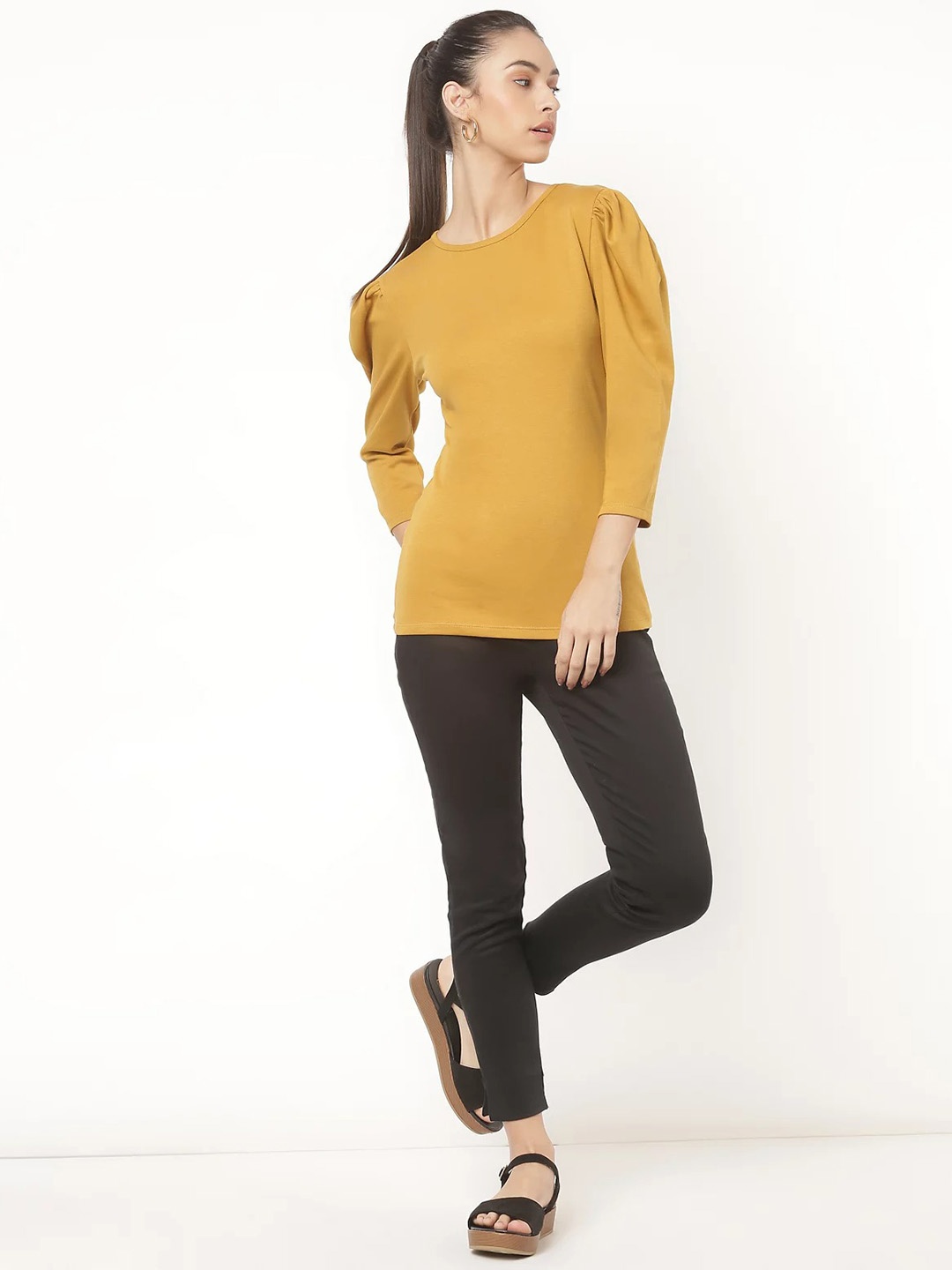 

Marks & Spencer Women Mustard Yellow Pure Cotton Puff Sleeves T-shirt