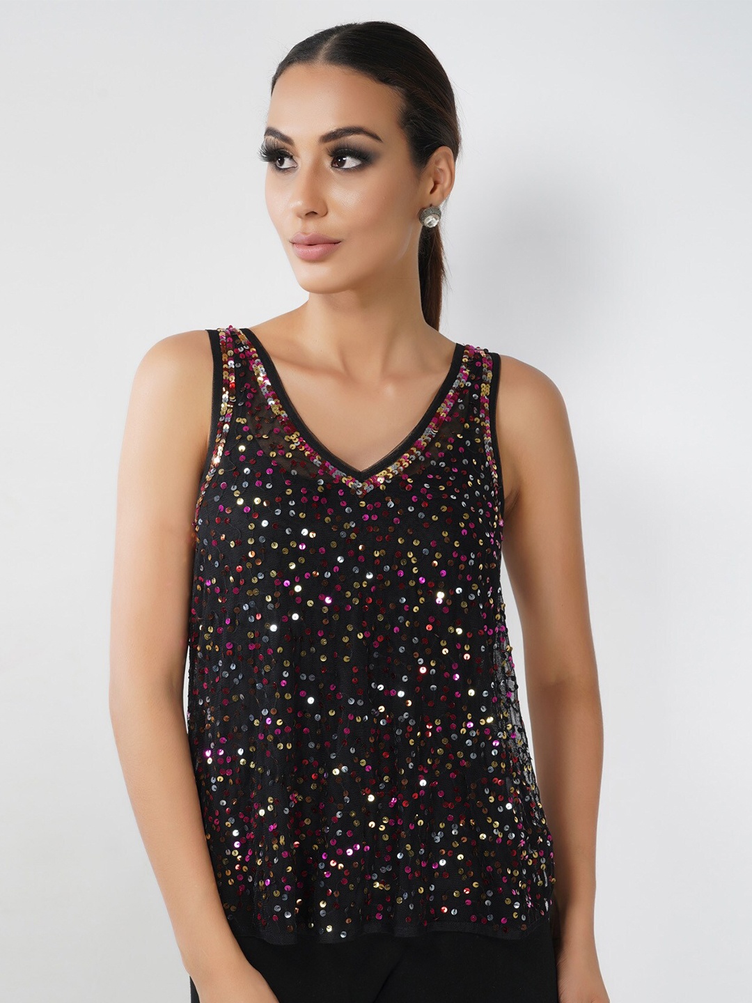 

ATTIC SALT Women Black & Pink Embellished Georgette Regular Top
