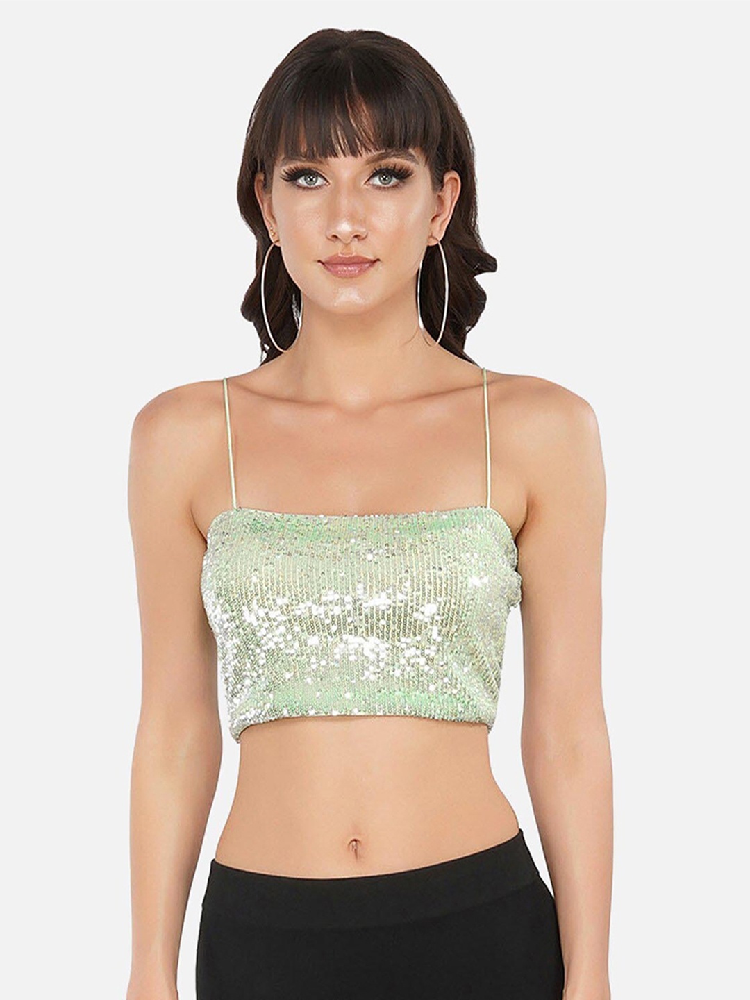 

ATTIC SALT Green Embellished Georgette Regular Crop Top