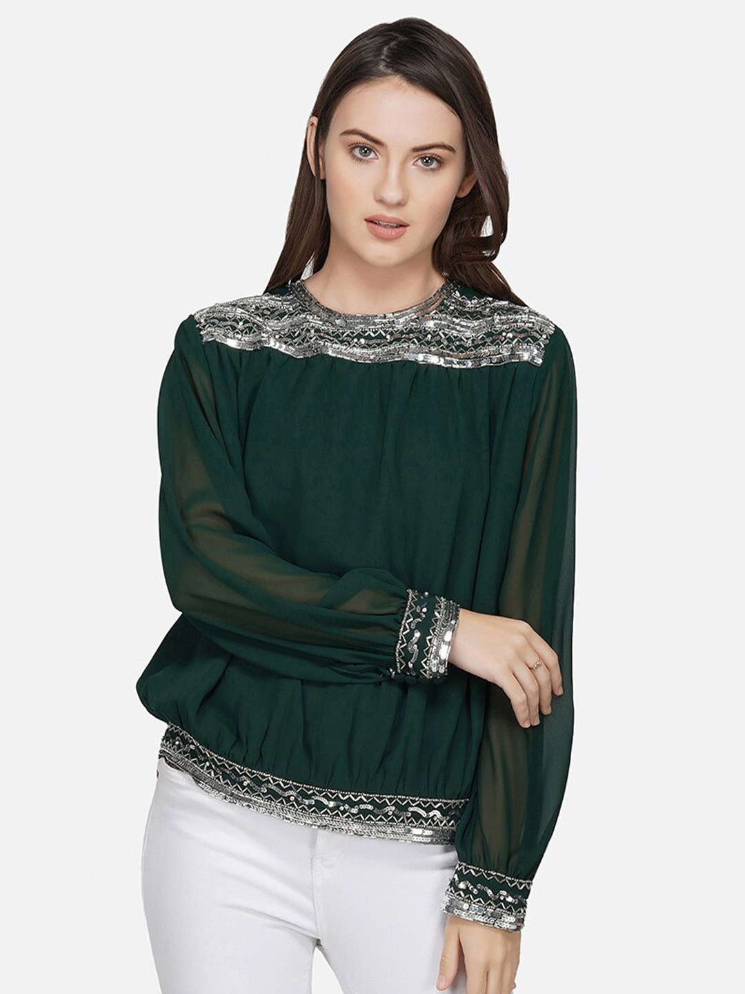 

ATTIC SALT Green Georgette Regular Top